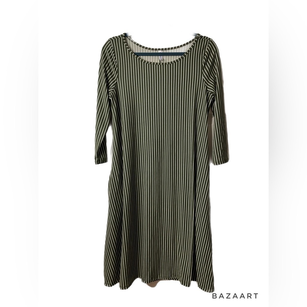 Piphany olive green & white stripe midi dress. Super soft feel. Size M. Z